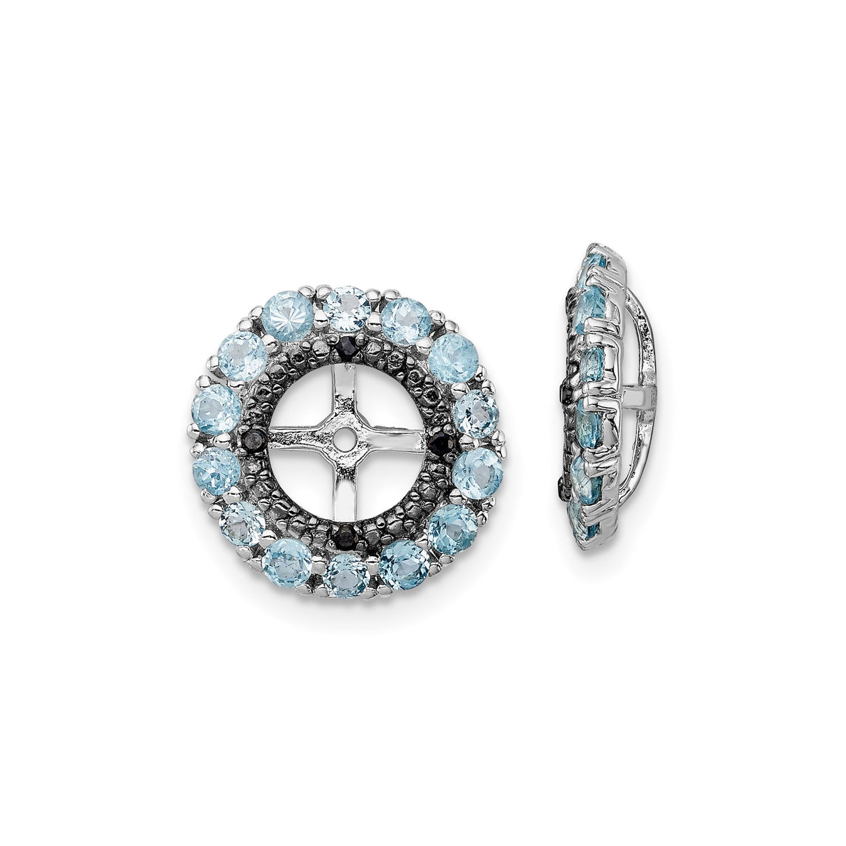 Sterling Silver Cross Earrings with Swiss Blue Topaz and Black Sapphire, Halo Studs for Women