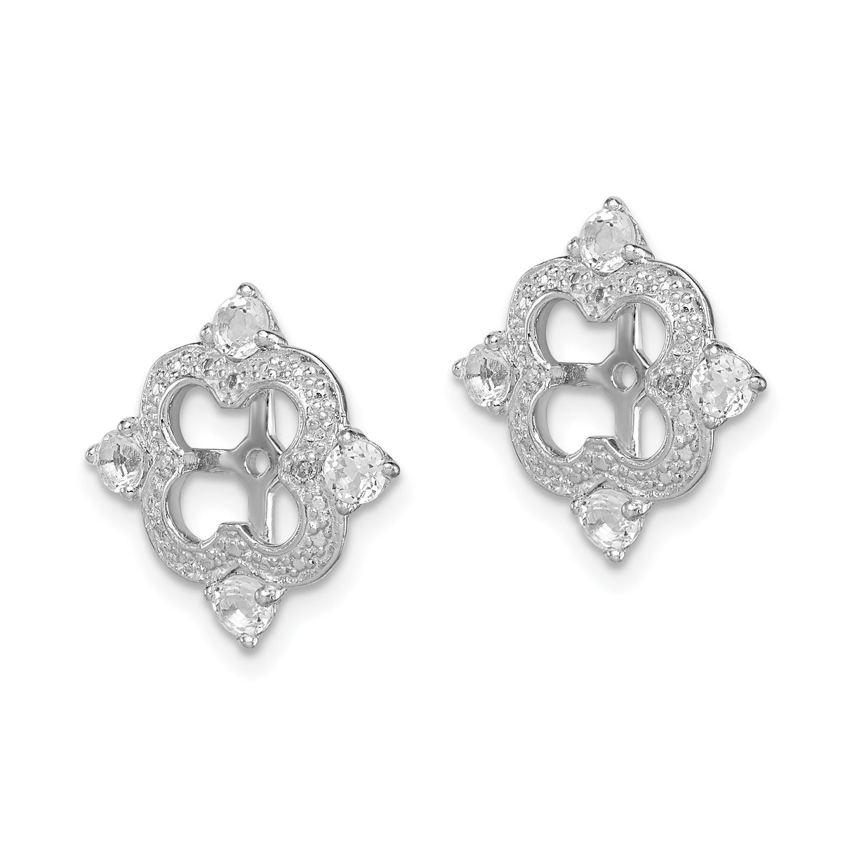 Sterling Silver Earring Jackets with White Topaz and Diamond, Quatrefoil Floral Design