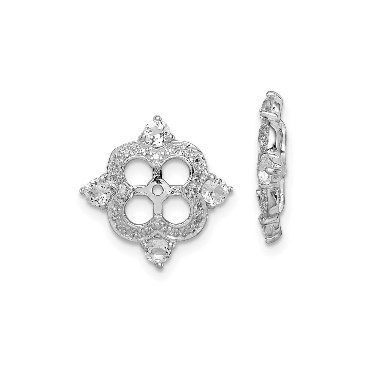 Sterling Silver Earring Jackets with White Topaz and Diamond, Quatrefoil Floral Design
