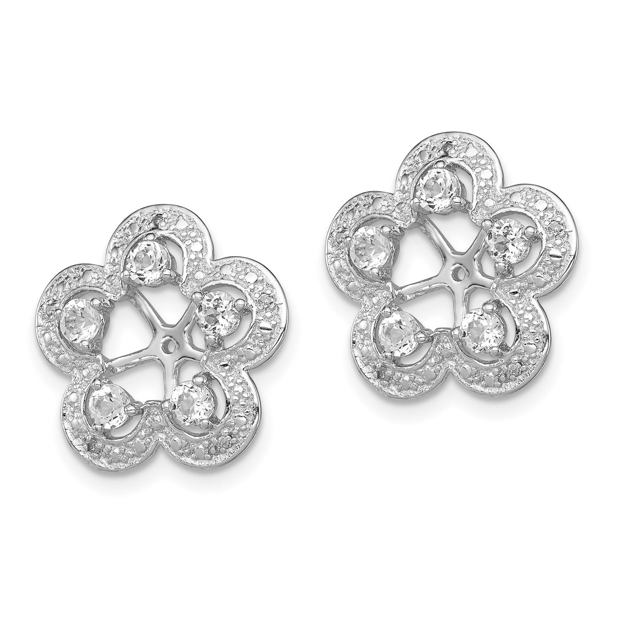 Sterling Silver Stud Earrings with White Topaz and Diamond, Floral Openwork Design