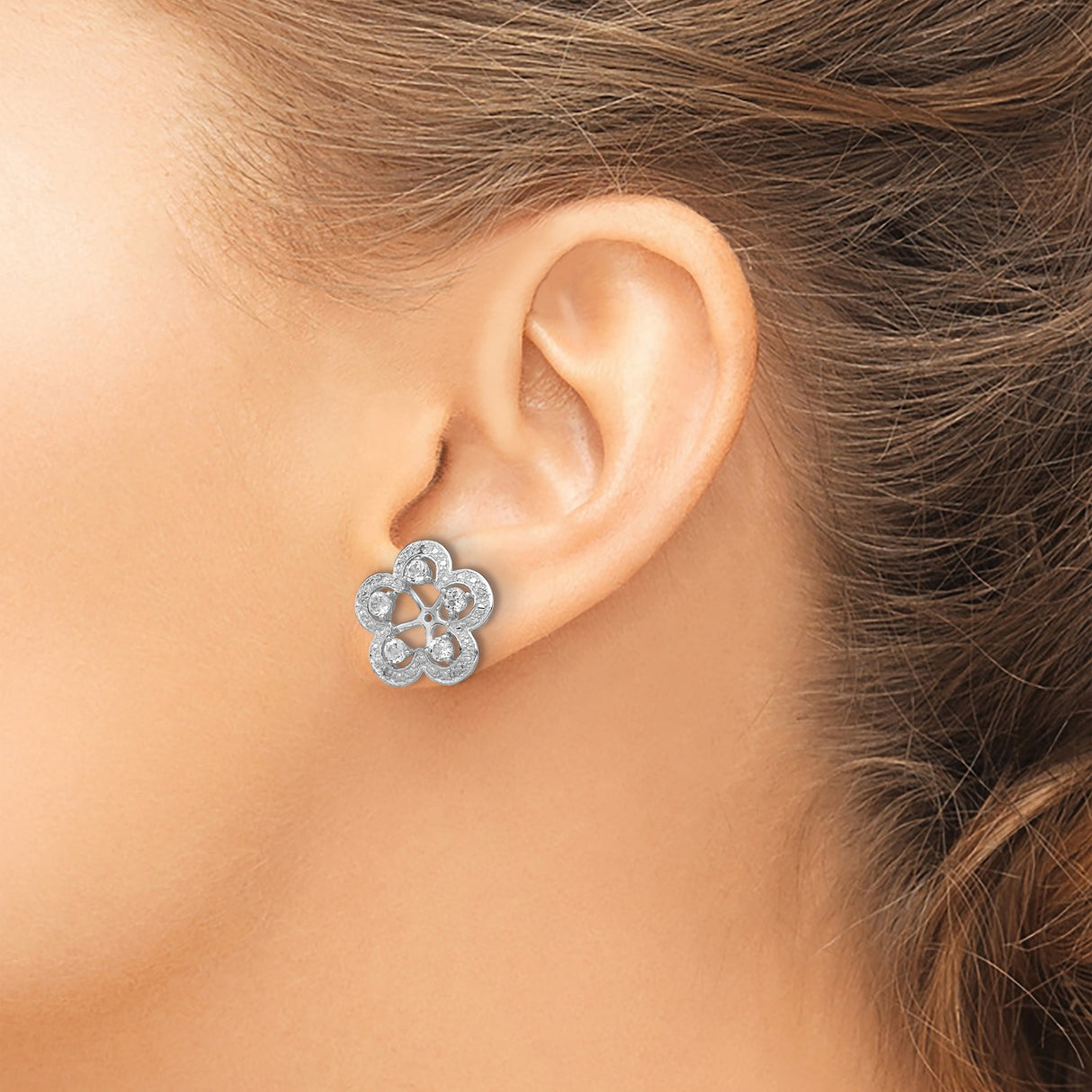 Sterling Silver Stud Earrings with White Topaz and Diamond, Floral Openwork Design