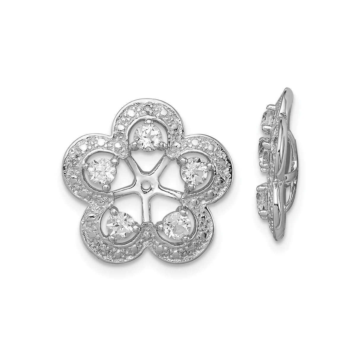 Sterling Silver Stud Earrings with White Topaz and Diamond, Floral Openwork Design