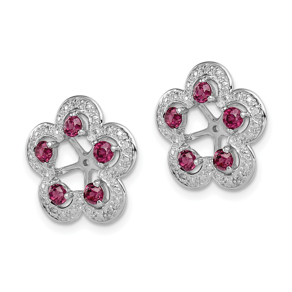 Sterling Silver Floral Stud Earrings with Rhodolite Garnet and Diamond Accents