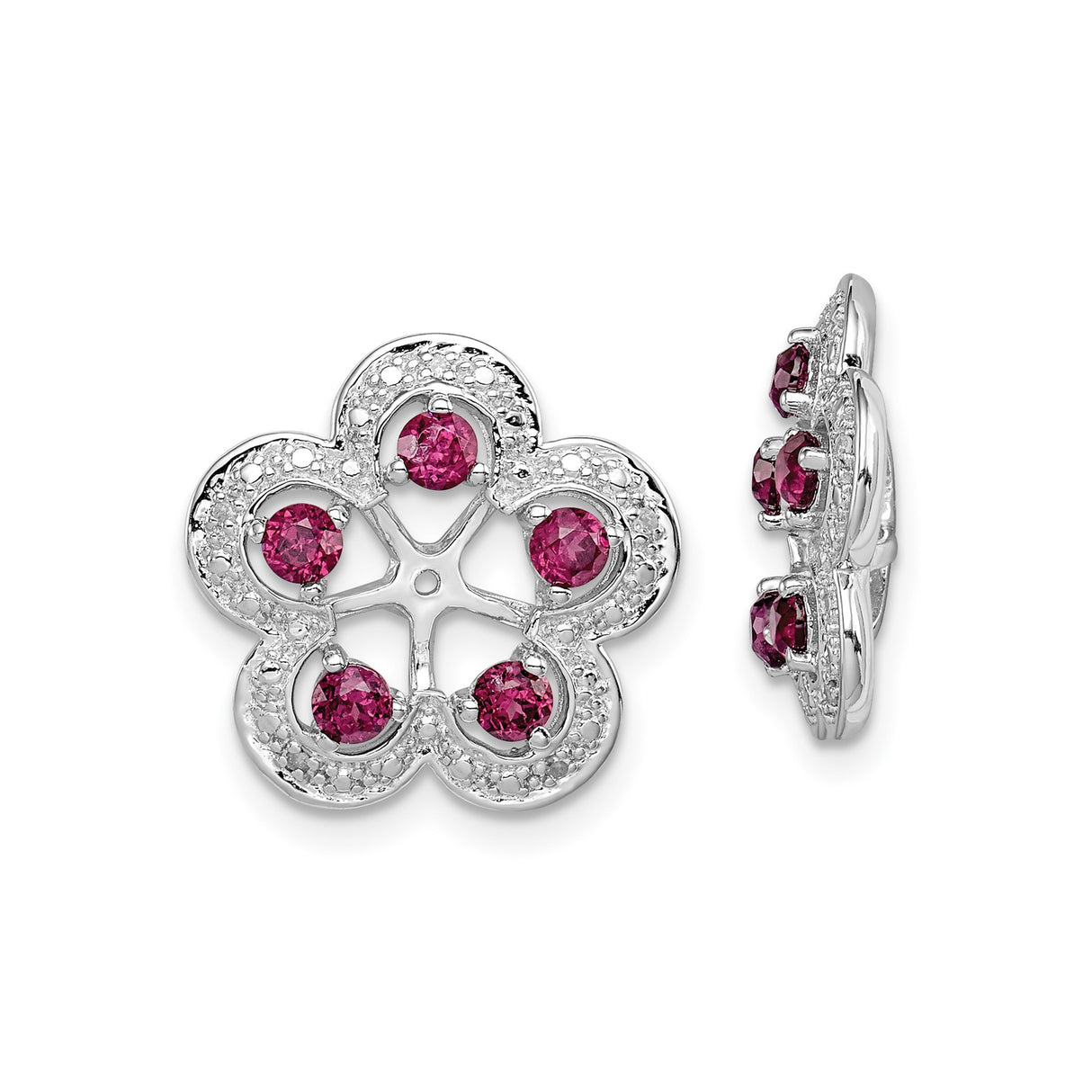 Sterling Silver Floral Stud Earrings with Rhodolite Garnet and Diamond Accents