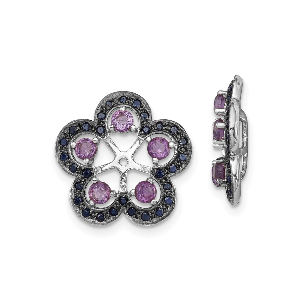 Sterling Silver Floral Stud Earrings with Amethyst and Sapphire Gemstones