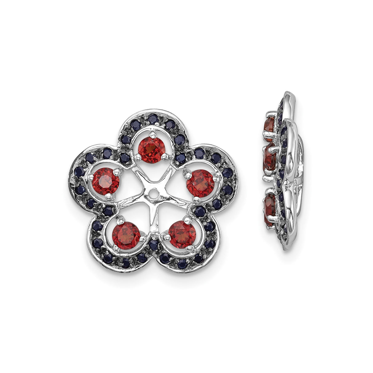 Sterling Silver Stud Earrings with Garnet and Sapphire, Floral Clover Design for Women