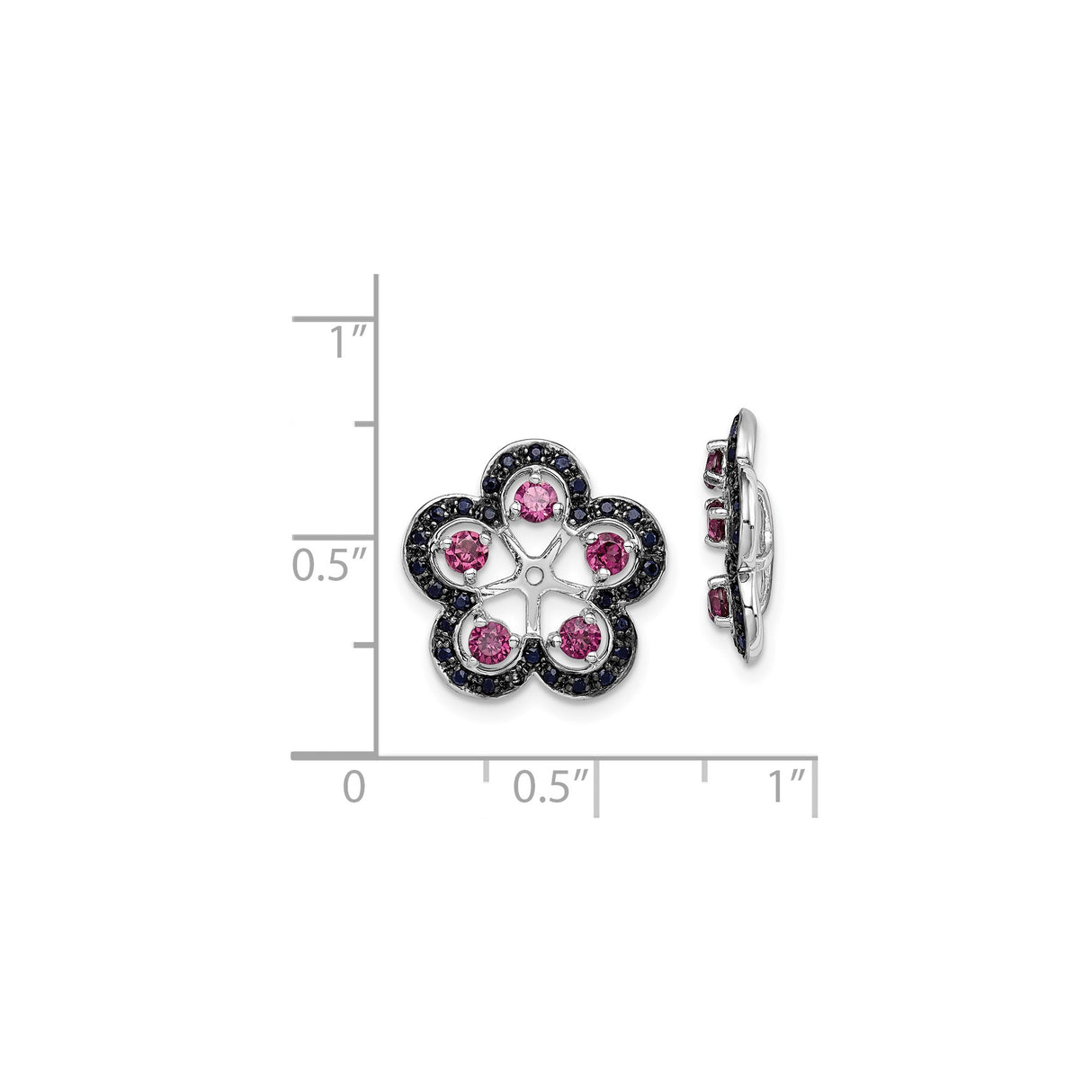 Sterling Silver Stud Earrings with Rhodolite Garnet and Sapphire in Floral Openwork Design