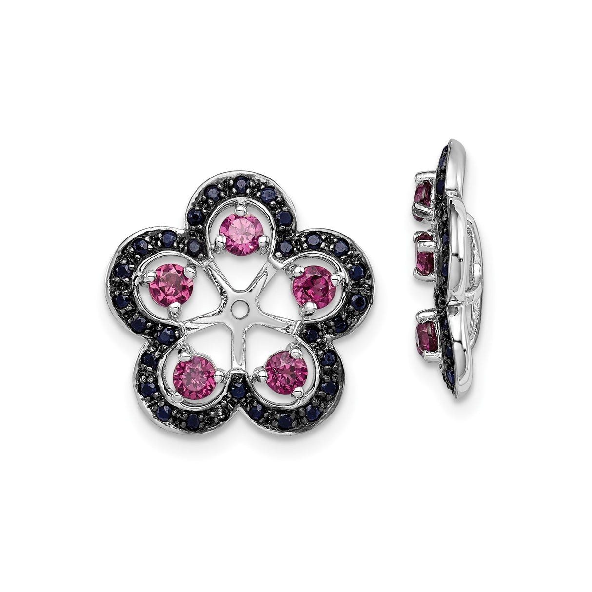 Sterling Silver Stud Earrings with Rhodolite Garnet and Sapphire in Floral Openwork Design