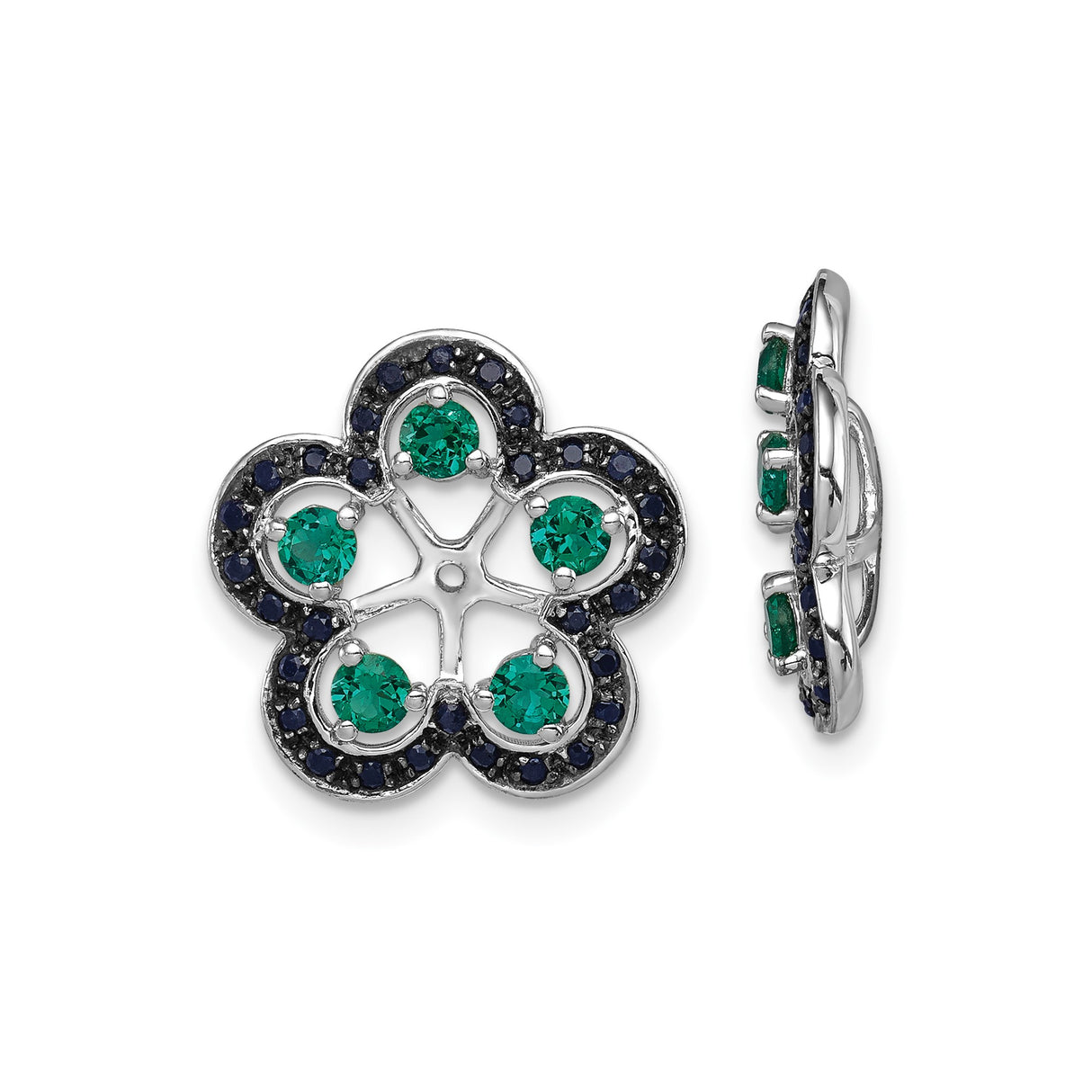 Sterling Silver Stud Earrings with Created Emerald and Sapphire, Clover Floral Design