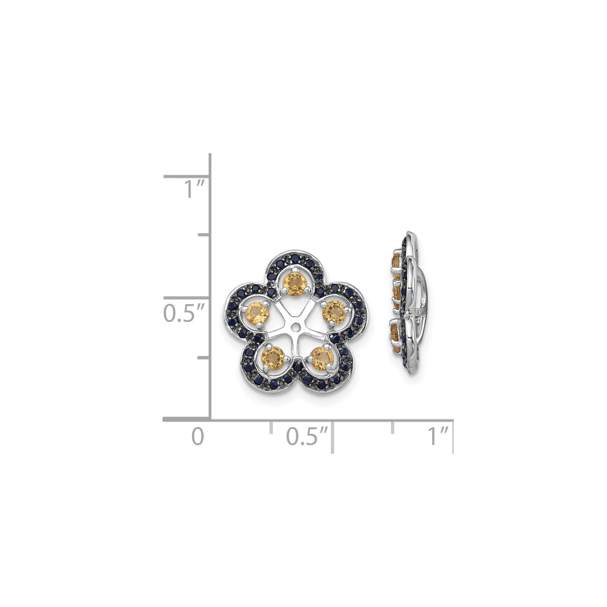 Sterling Silver Floral Earrings with Yellow Citrine and Dark Blue Sapphire Studs