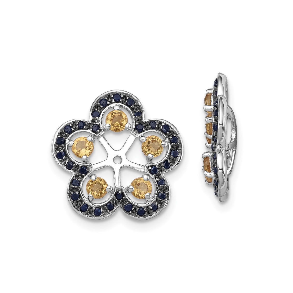 Sterling Silver Floral Earrings with Yellow Citrine and Dark Blue Sapphire Studs
