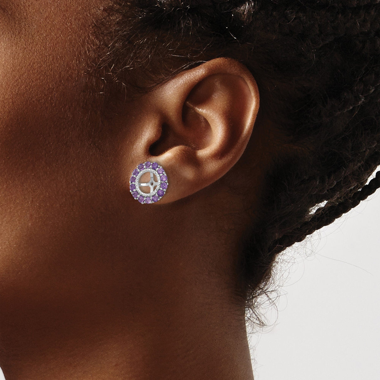 Sterling Silver Earring Jackets with Amethyst and Diamond, Open Cross Circle Design