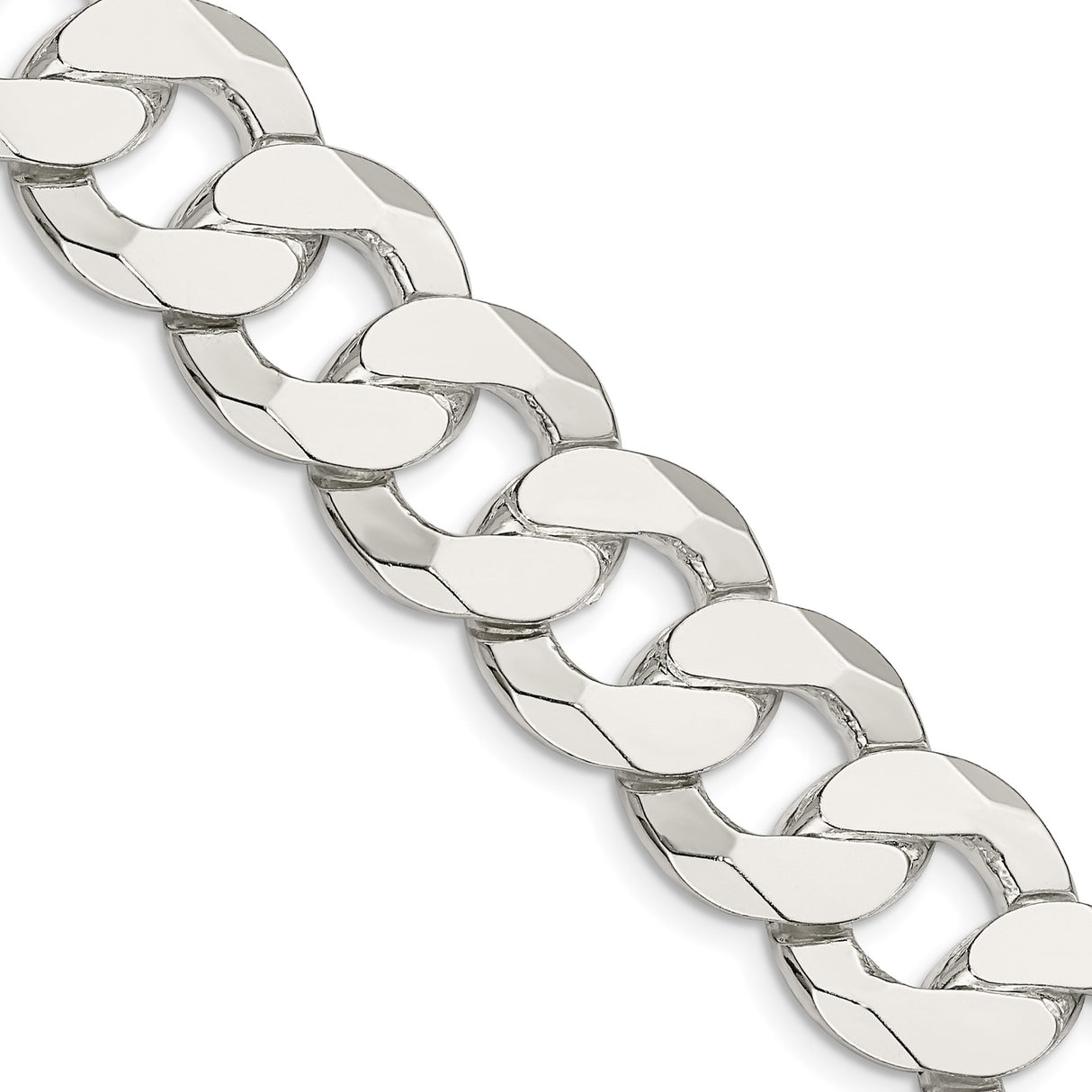925 White Gold 16 mm Curb Chain Necklace, Polished detail view