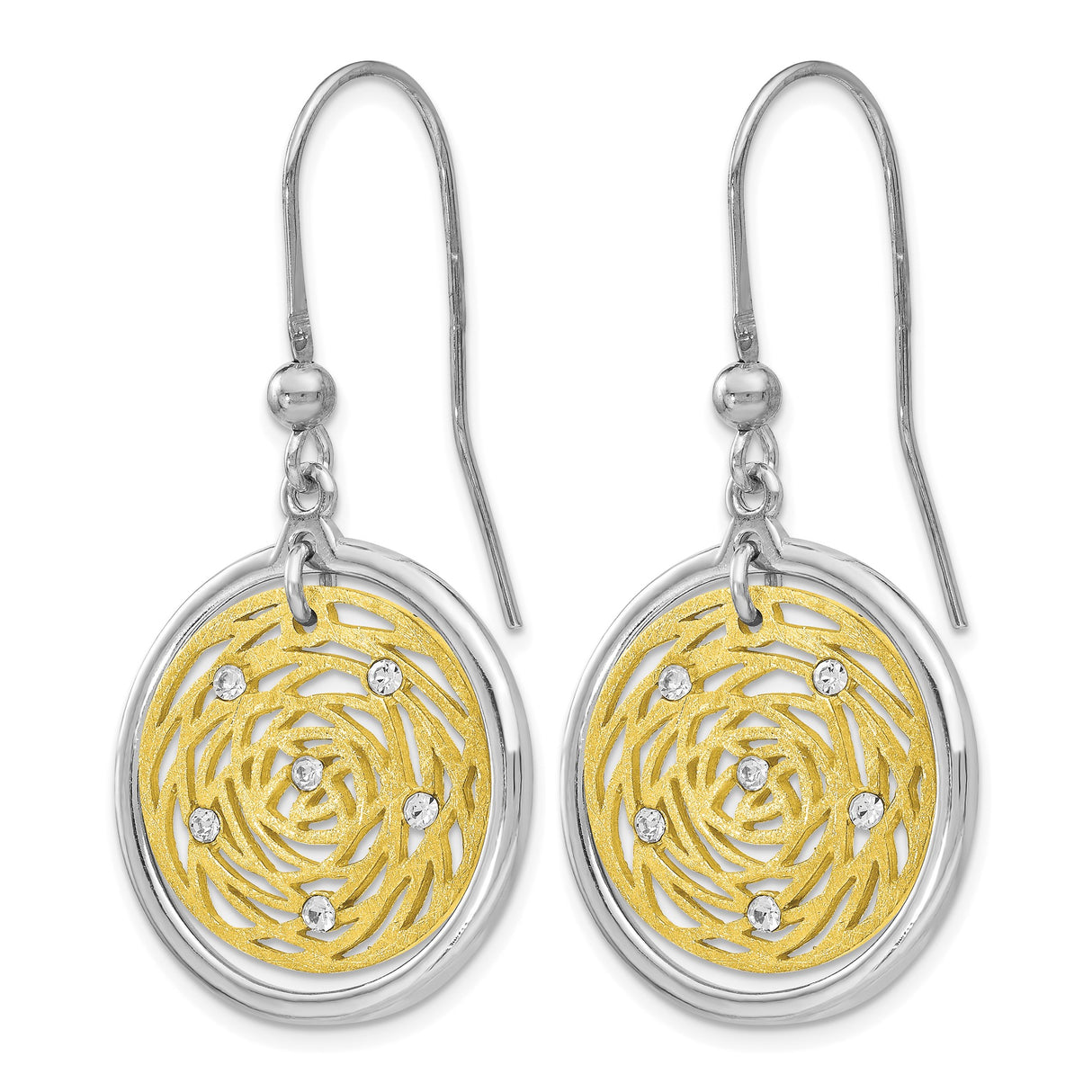 Sterling Silver and 14K Yellow Gold Dangle Earrings with Cubic Zirconia, Swirl Floral Design