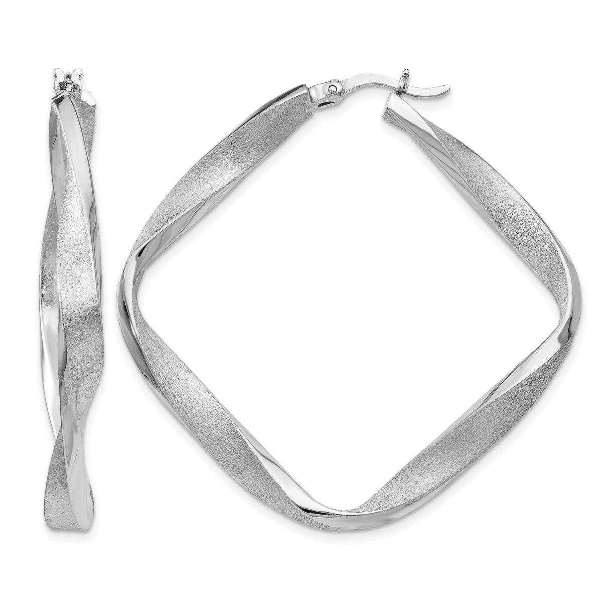 Sterling Silver Twisted Square Hoop Earrings with Satin Polished Finish, Modern Geometric Design