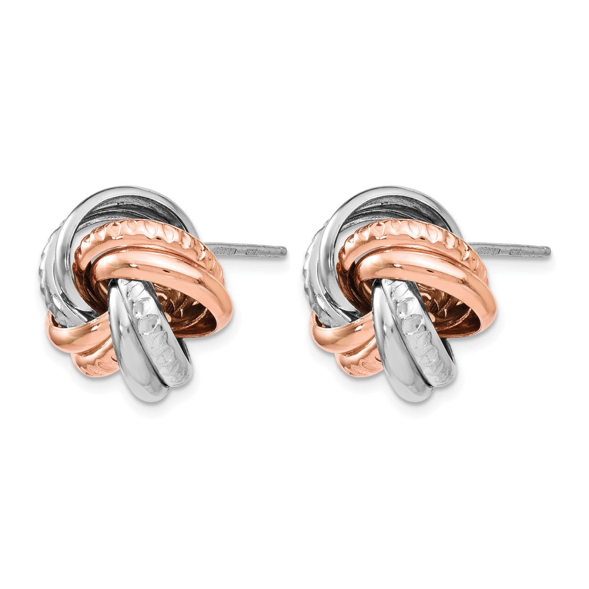 Sterling Silver Love Knot Stud Earrings with Rose Gold and Silver Interwoven Bands, Textured Design