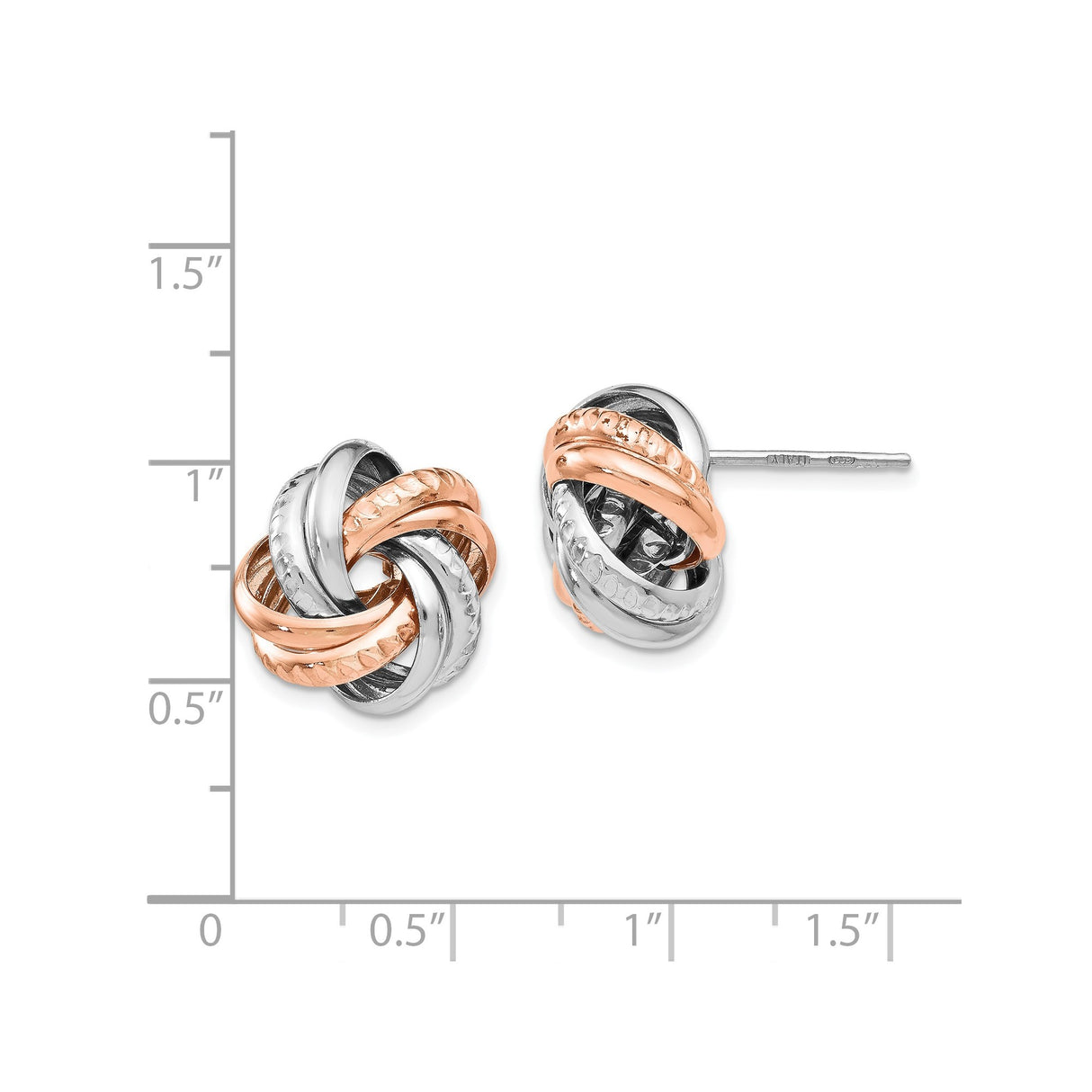 Sterling Silver Love Knot Stud Earrings with Rose Gold and Silver Interwoven Bands, Textured Design