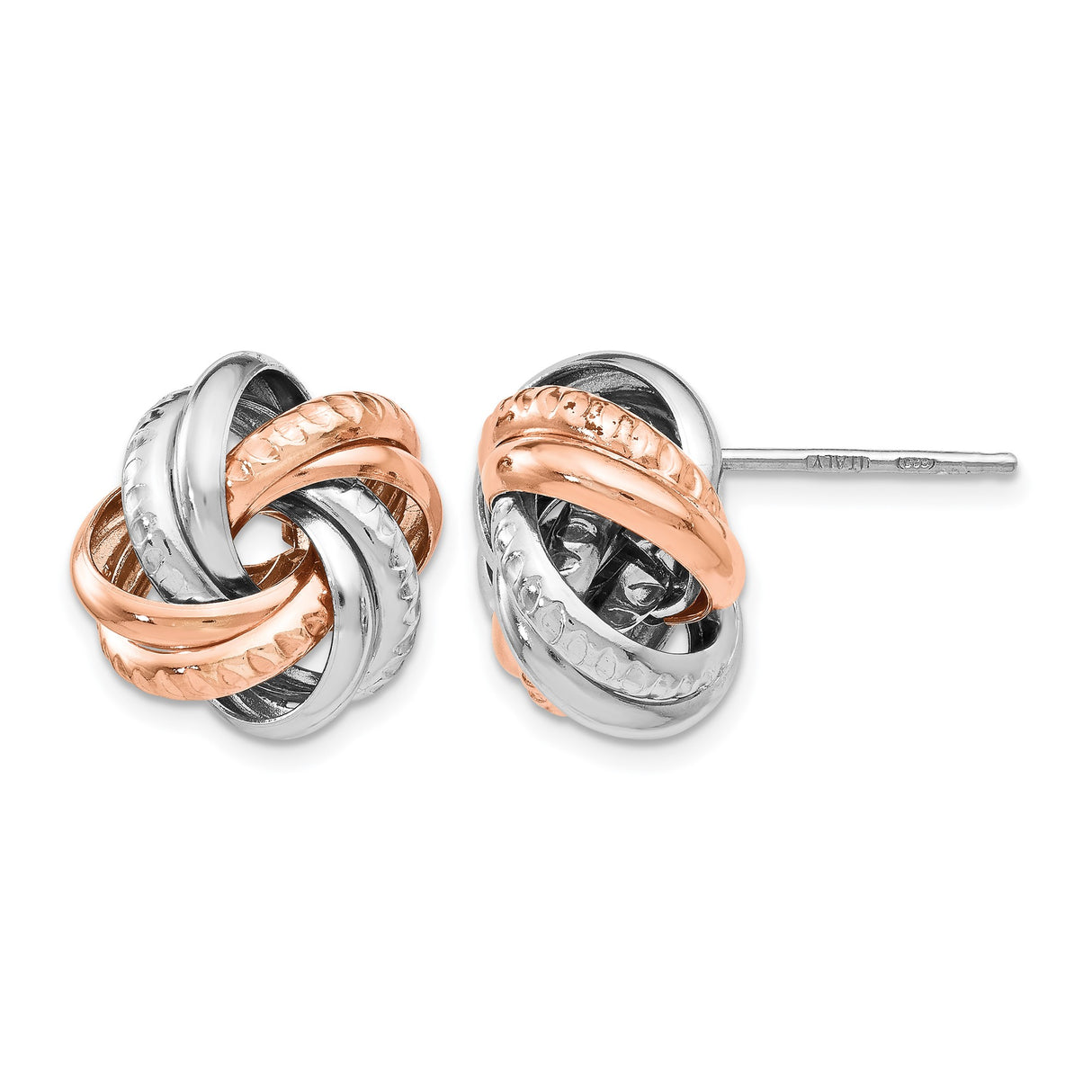 Sterling Silver Love Knot Stud Earrings with Rose Gold and Silver Interwoven Bands, Textured Design