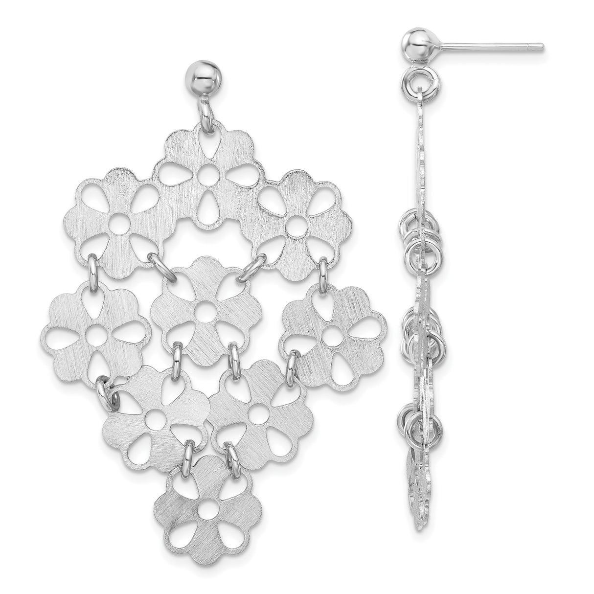 Sterling Silver Chandelier Earrings with Openwork Floral Design and Brushed Finish
