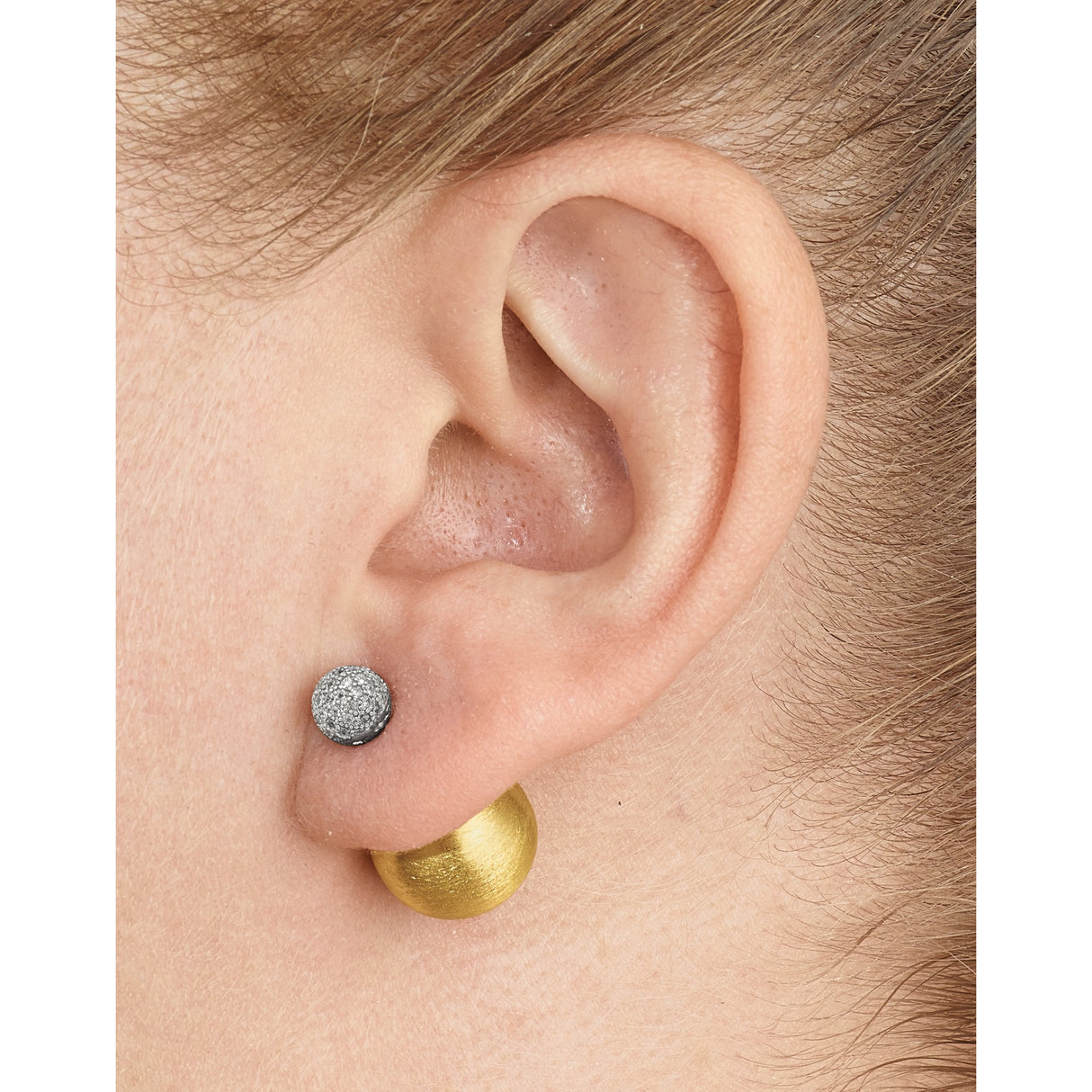 Sterling Silver and 14k Yellow Gold Convertible Stud Earrings with Cubic Zirconia and Satin Dome Jackets