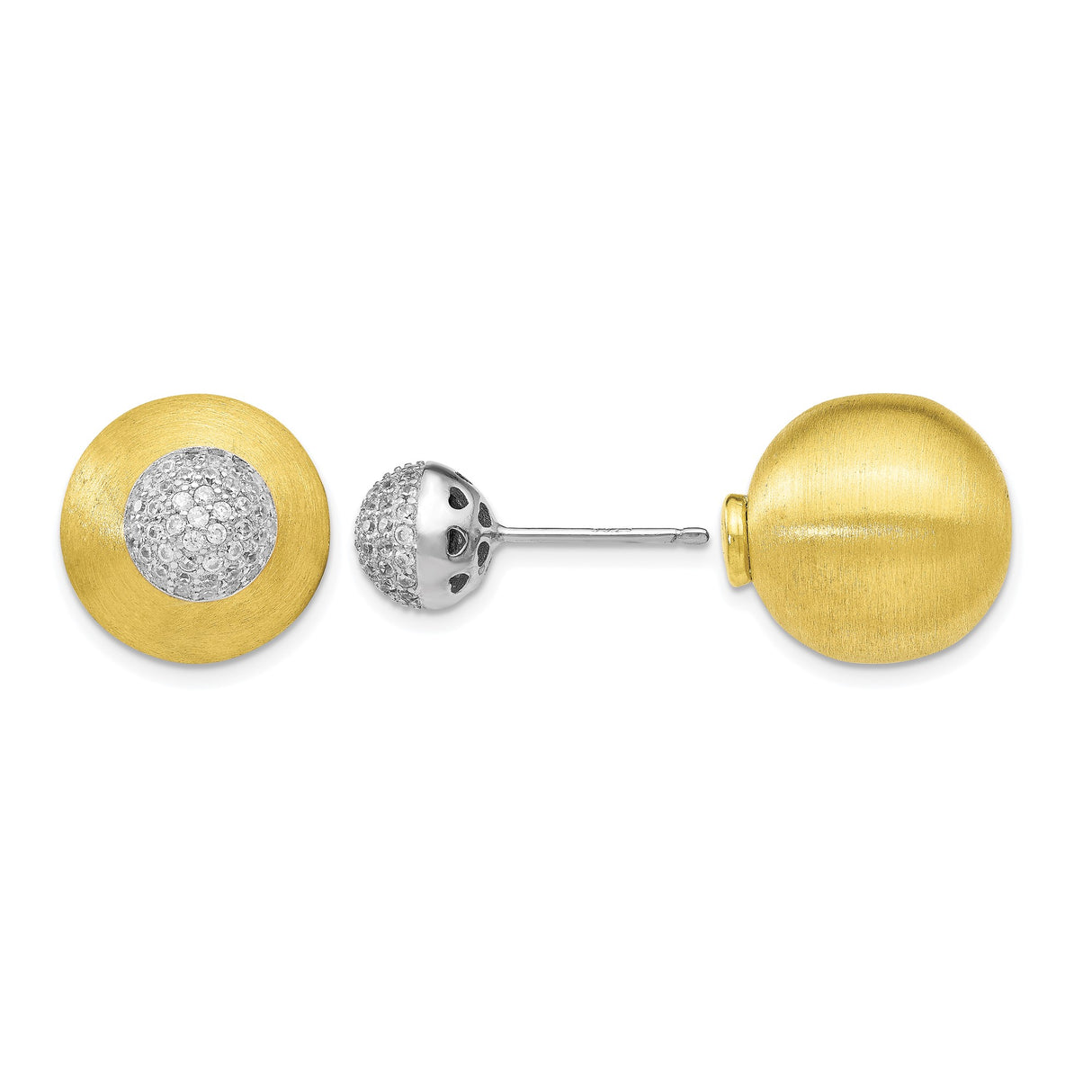 Sterling Silver and 14k Yellow Gold Convertible Stud Earrings with Cubic Zirconia and Satin Dome Jackets