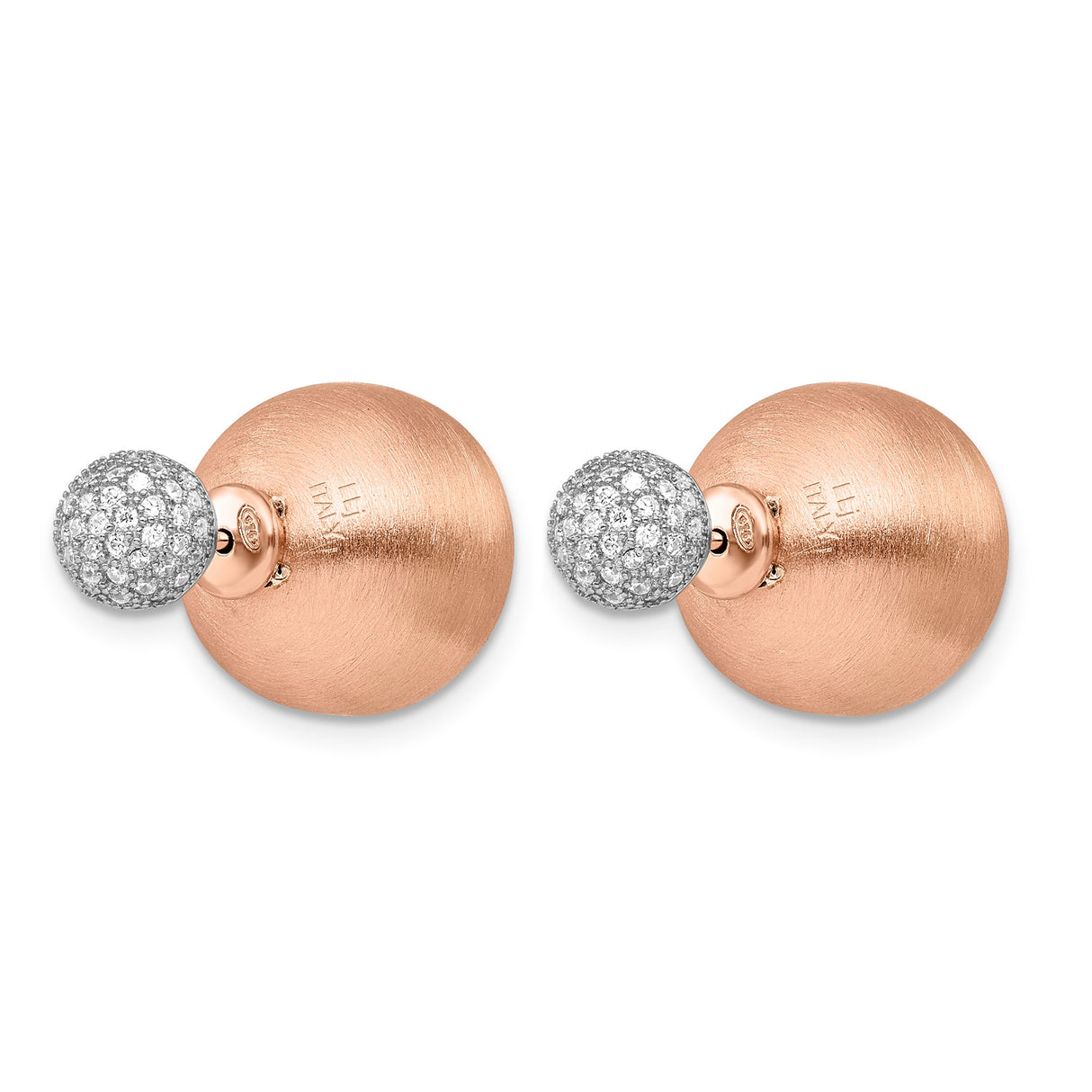 Sterling Silver Stud Earrings with Brushed Disc and Pavé Cubic Zirconia Sphere, Two-Tone Design