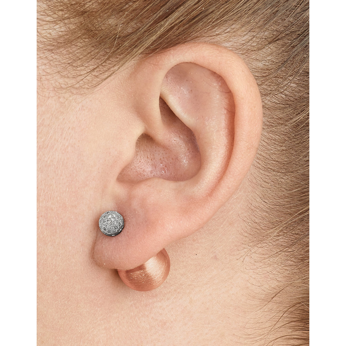 Sterling Silver Stud Earrings with Brushed Disc and Pavé Cubic Zirconia Sphere, Two-Tone Design