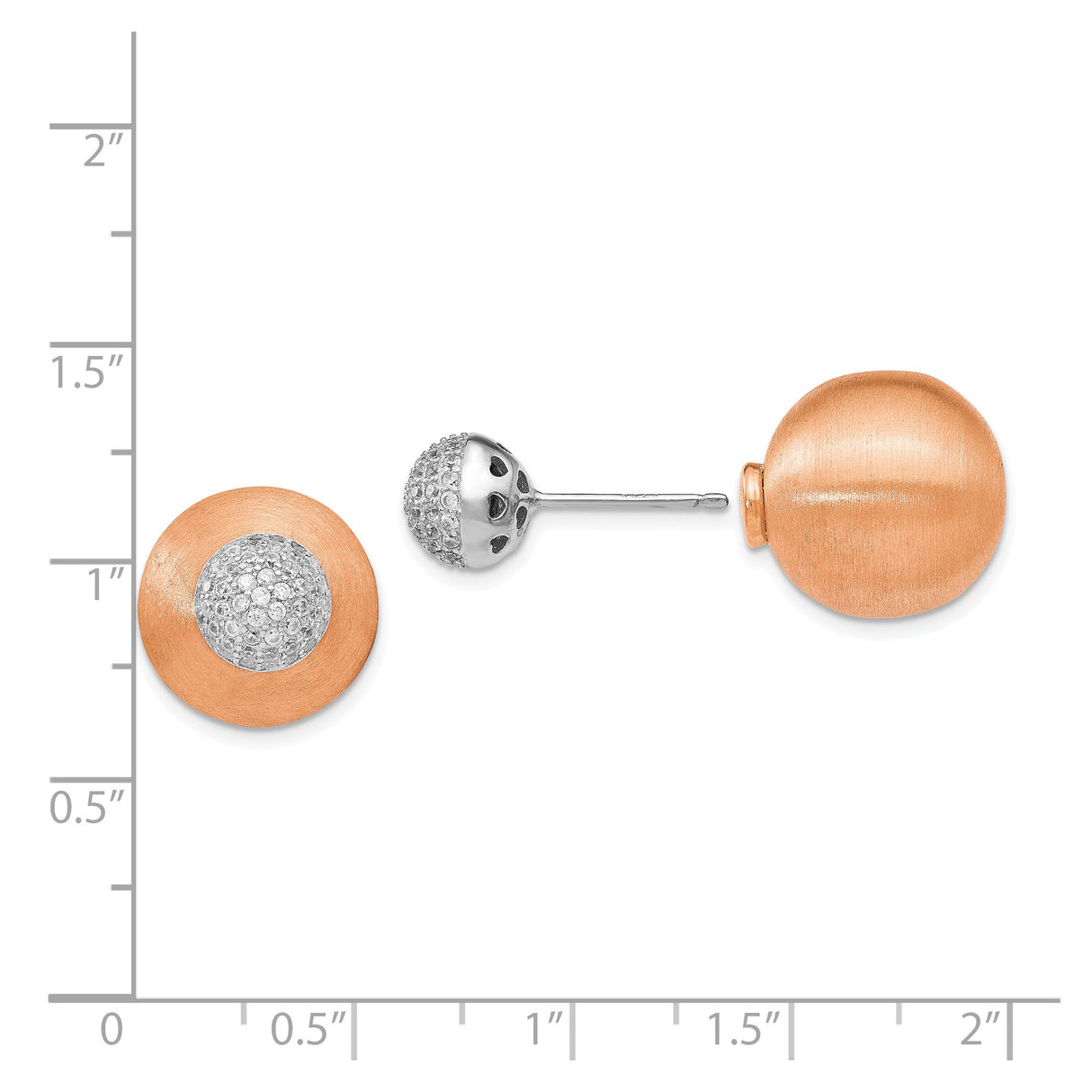 Sterling Silver Stud Earrings with Brushed Disc and Pavé Cubic Zirconia Sphere, Two-Tone Design