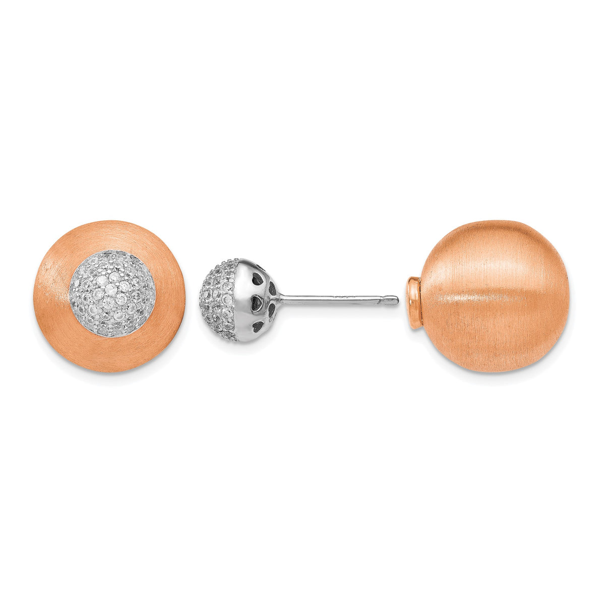 Sterling Silver Stud Earrings with Brushed Disc and Pavé Cubic Zirconia Sphere, Two-Tone Design