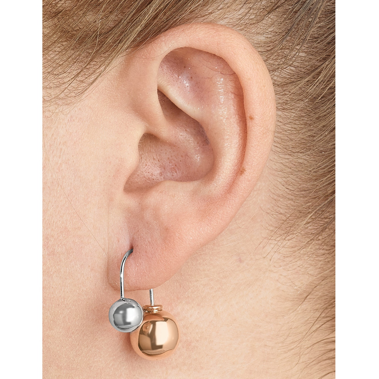 Sterling Silver Drop Earrings with Asymmetrical Double Ball Design, Two-Tone Modern Dangle Style