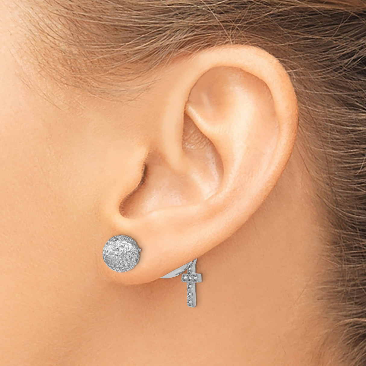 Sterling Silver Cross Dangle Earrings with Cubic Zirconia, Textured Beaded Studs, Front Back Style