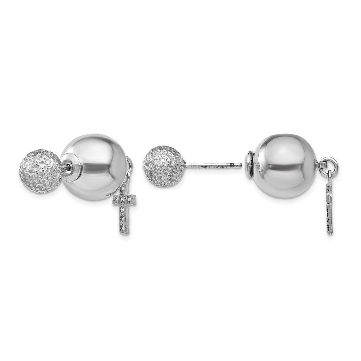 Sterling Silver Cross Dangle Earrings with Cubic Zirconia, Textured Beaded Studs, Front Back Style