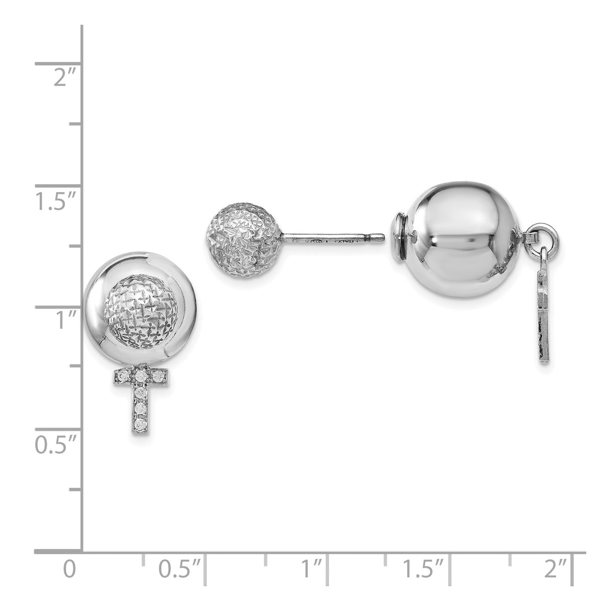 Sterling Silver Cross Dangle Earrings with Cubic Zirconia, Textured Beaded Studs, Front Back Style