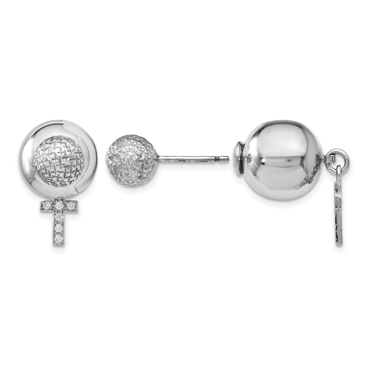 Sterling Silver Cross Dangle Earrings with Cubic Zirconia, Textured Beaded Studs, Front Back Style