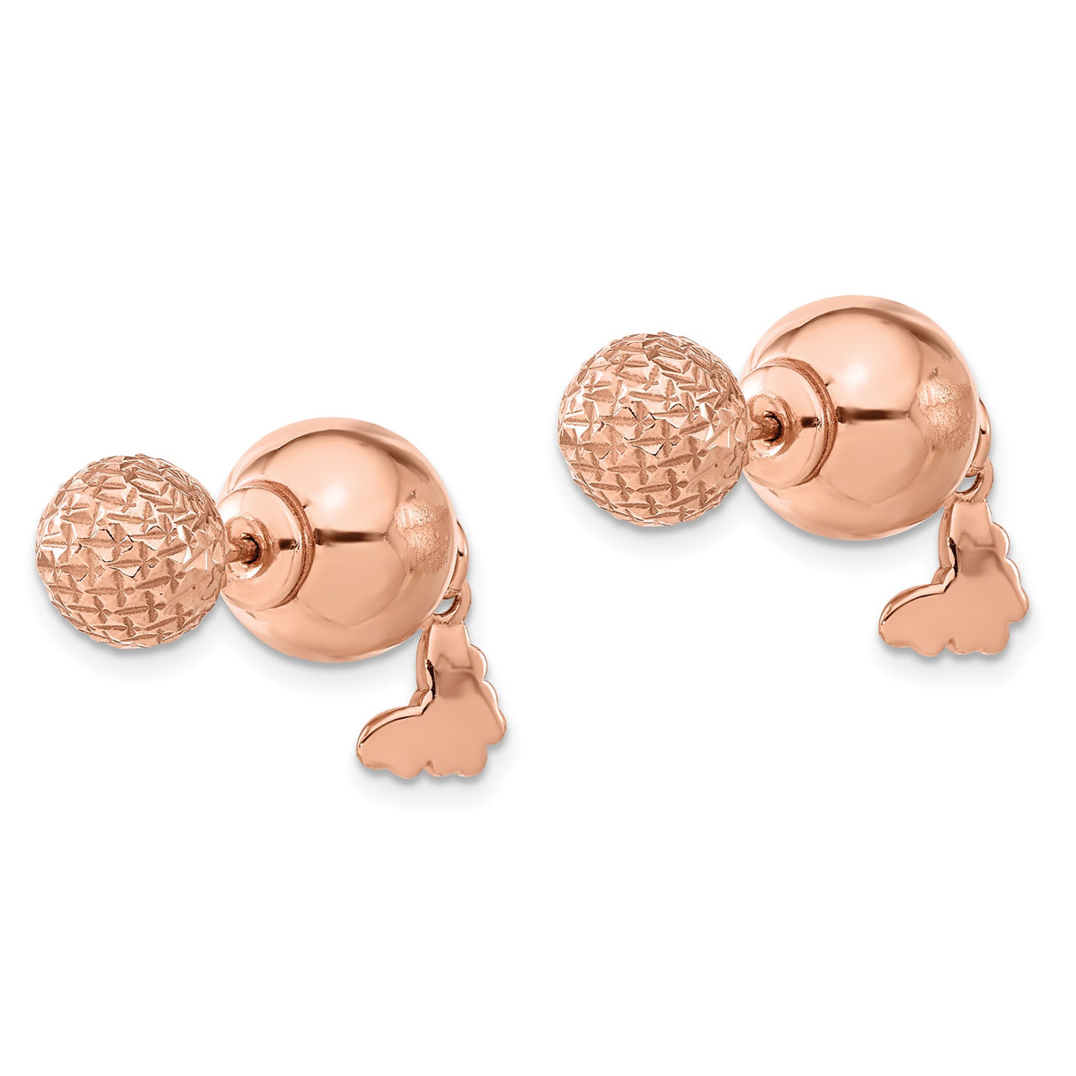 Sterling Silver Stud Earrings with Rose Gold Butterfly and Polished Sphere Dangle Accents