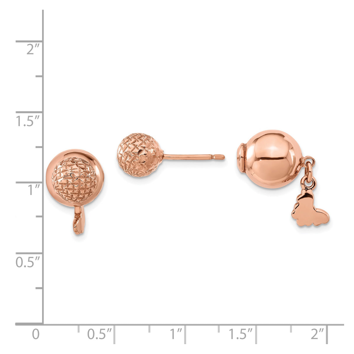 Sterling Silver Stud Earrings with Rose Gold Butterfly and Polished Sphere Dangle Accents
