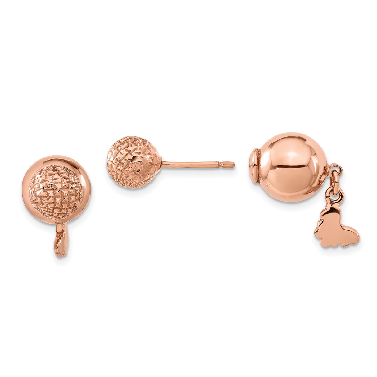 Sterling Silver Stud Earrings with Rose Gold Butterfly and Polished Sphere Dangle Accents