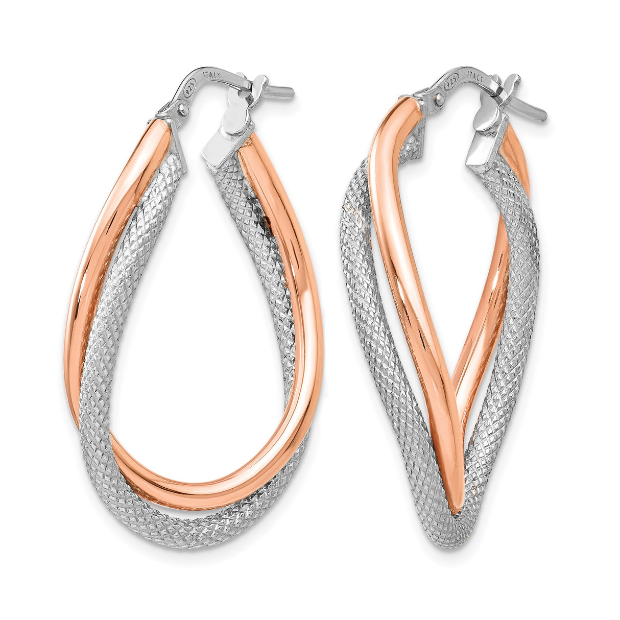 Sterling Silver Twisted Hoop Earrings with Rose Gold-Tone Mesh, Lightweight Polished Design