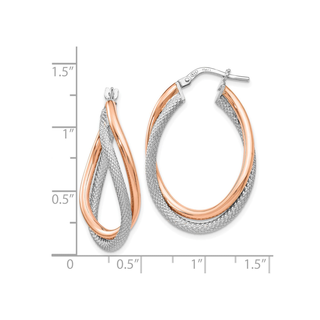 Sterling Silver Twisted Hoop Earrings with Rose Gold-Tone Mesh, Lightweight Polished Design