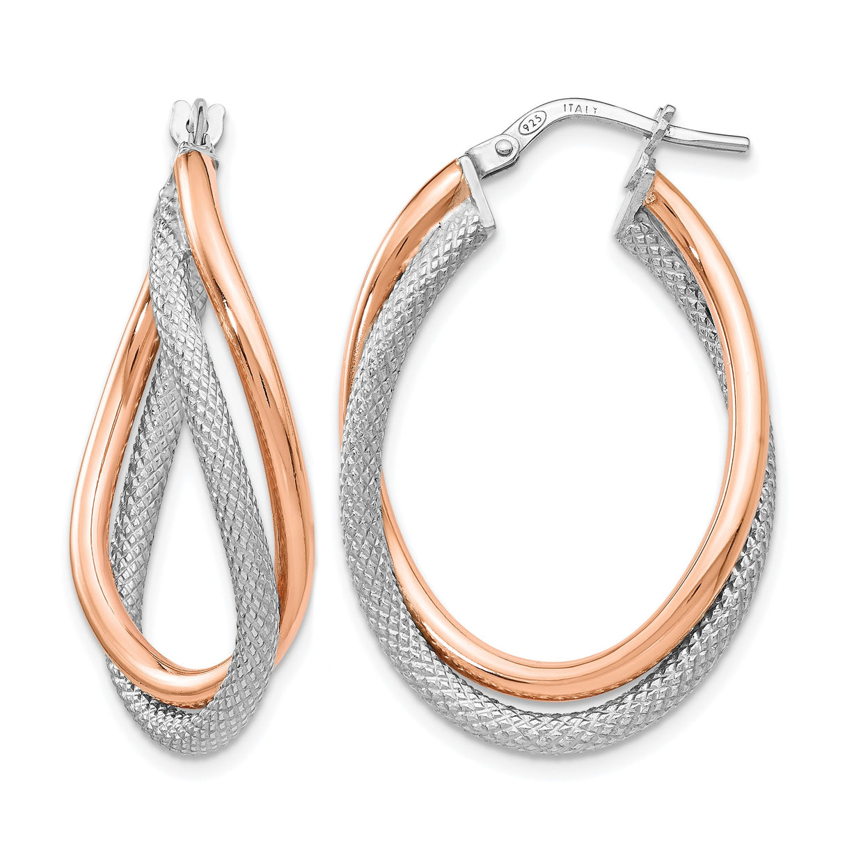 Sterling Silver Twisted Hoop Earrings with Rose Gold-Tone Mesh, Lightweight Polished Design