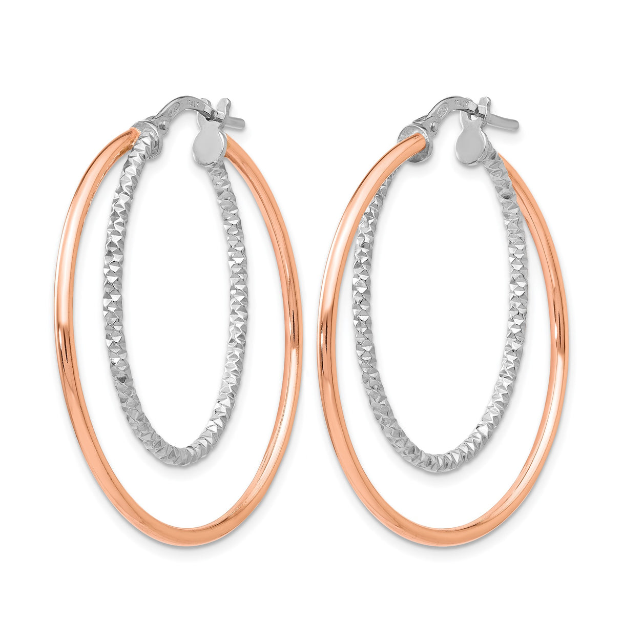 Sterling Silver Double Hoop Earrings with Rose Gold Plating and Textured Diamond Cut Finish