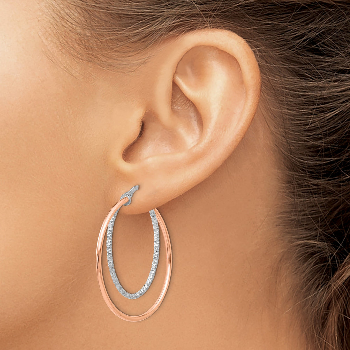 Sterling Silver Double Hoop Earrings with Rose Gold Plating and Textured Diamond Cut Finish