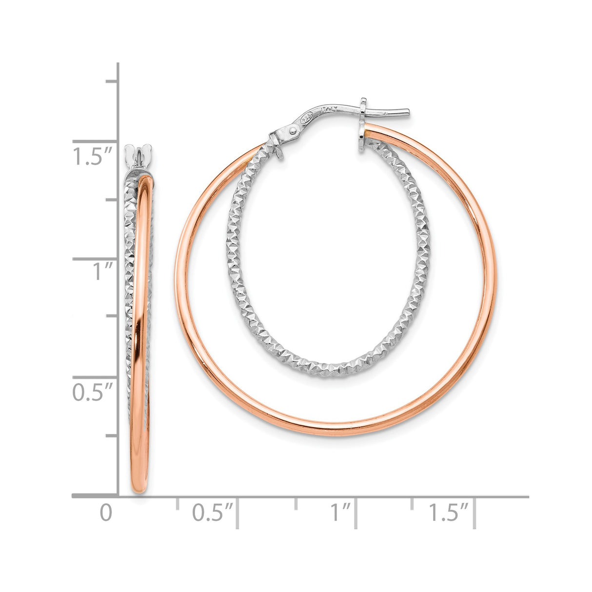 Sterling Silver Double Hoop Earrings with Rose Gold Plating and Textured Diamond Cut Finish