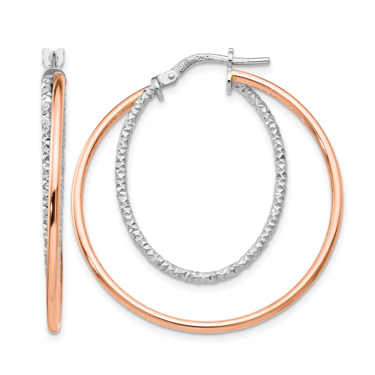 Sterling Silver Double Hoop Earrings with Rose Gold Plating and Textured Diamond Cut Finish