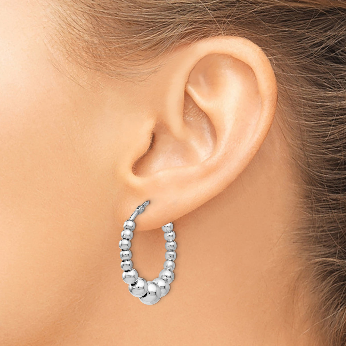 Sterling Silver Hoop Earrings with Graduated Beaded Design, Polished Italian Style