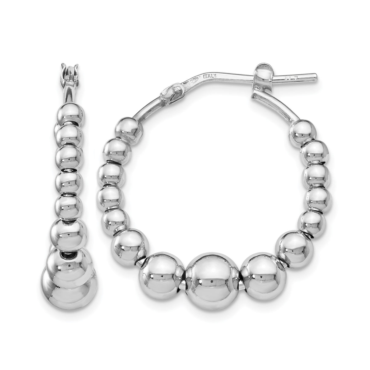 Sterling Silver Hoop Earrings with Graduated Beaded Design, Polished Italian Style