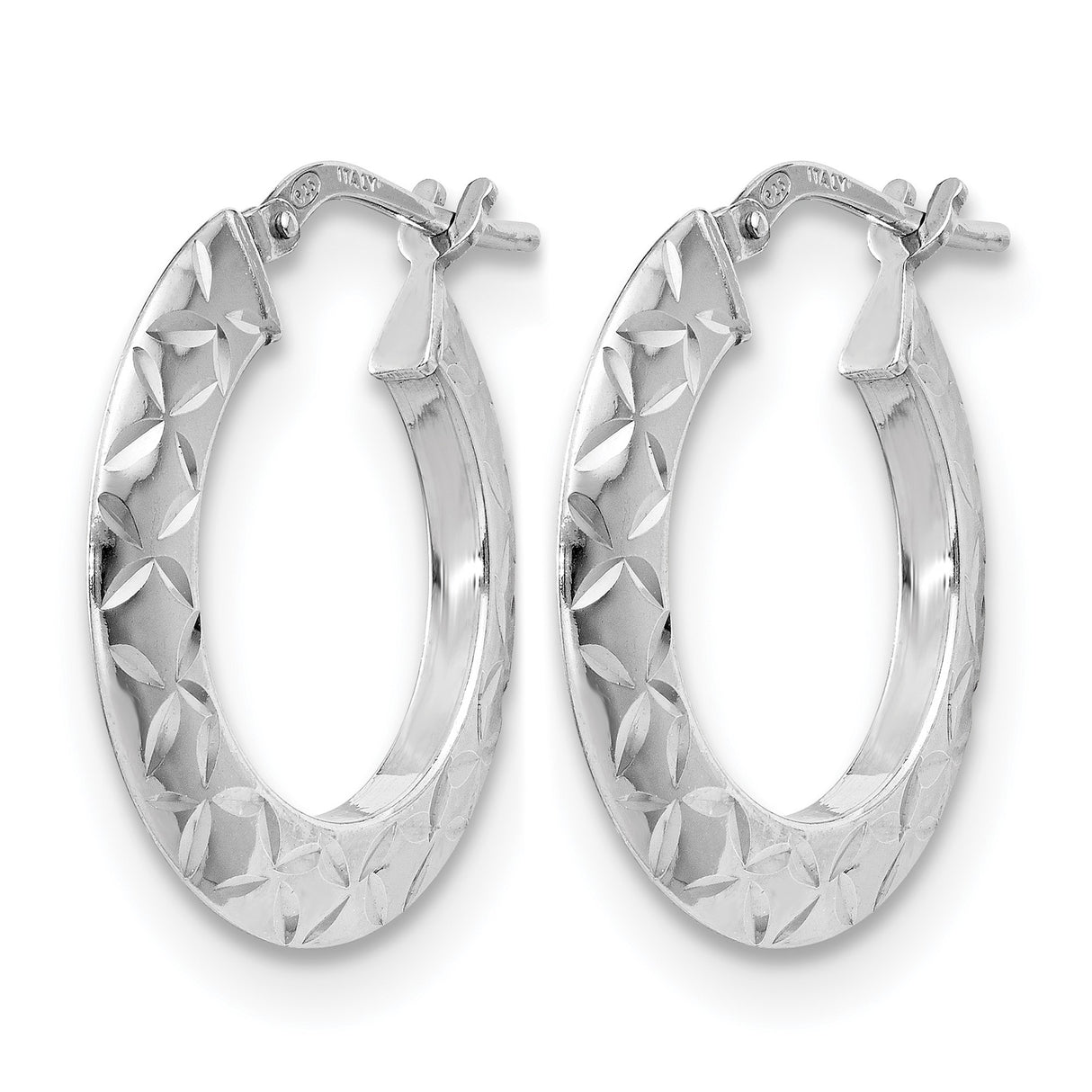 Sterling Silver Hoop Earrings with Diamond-Cut Floral Pattern and Textured Finish
