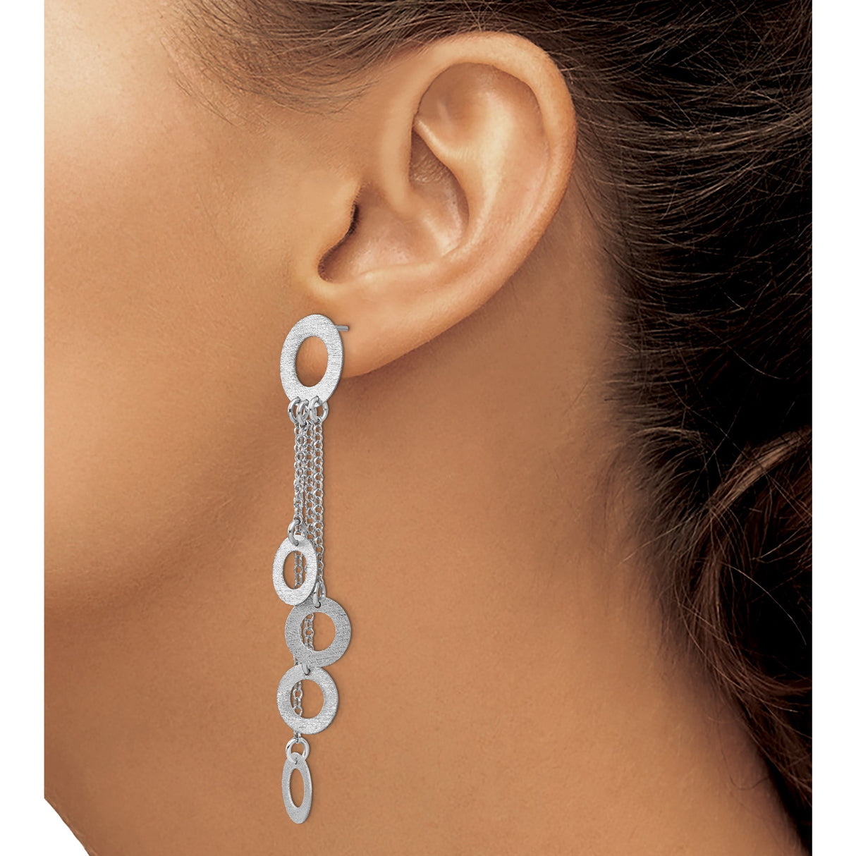 Sterling Silver Dangle Earrings with Brushed Open Circle Charms and Cascading Chains