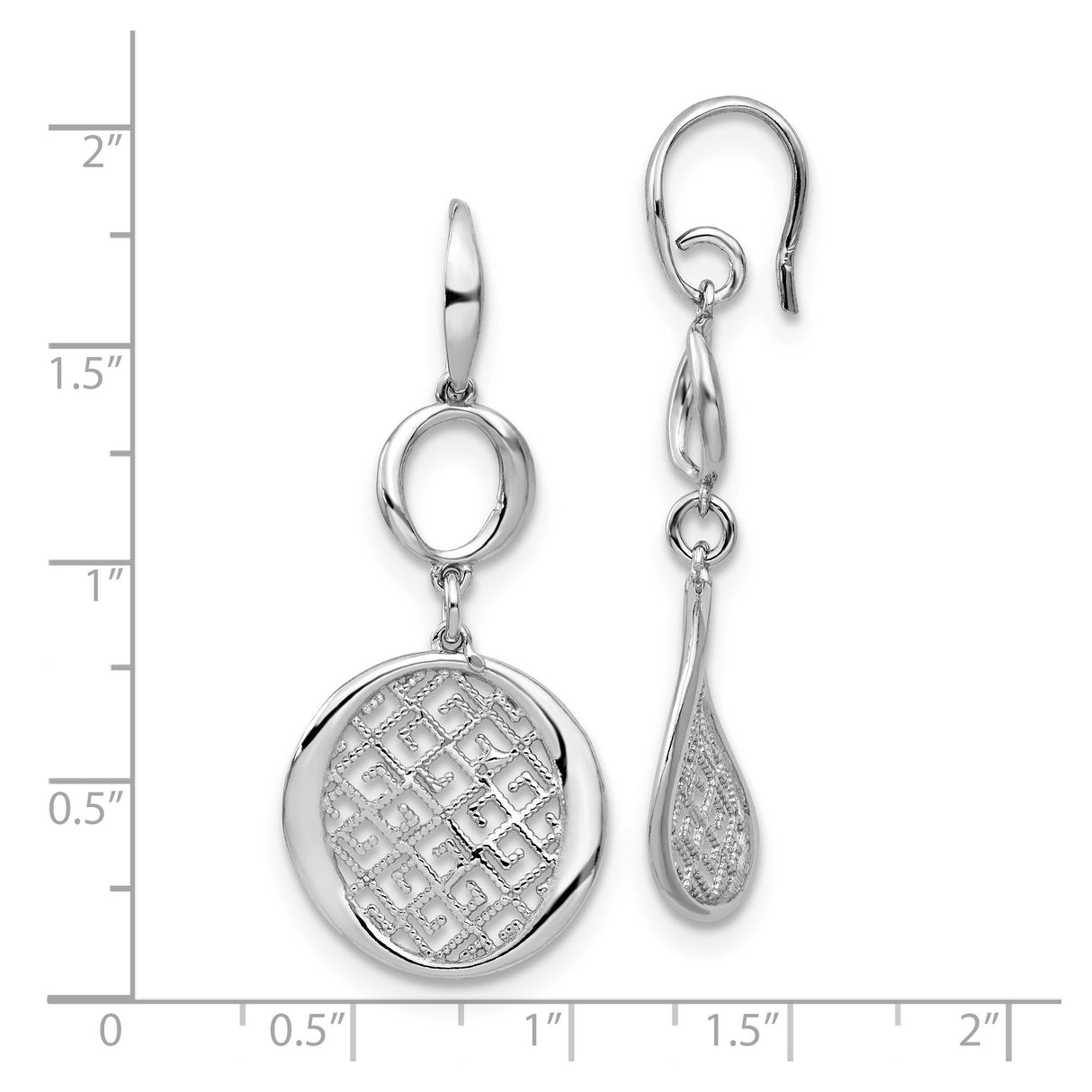 Sterling Silver Dangle Earrings with Teardrop and Circle Shapes, Openwork Lattice Design