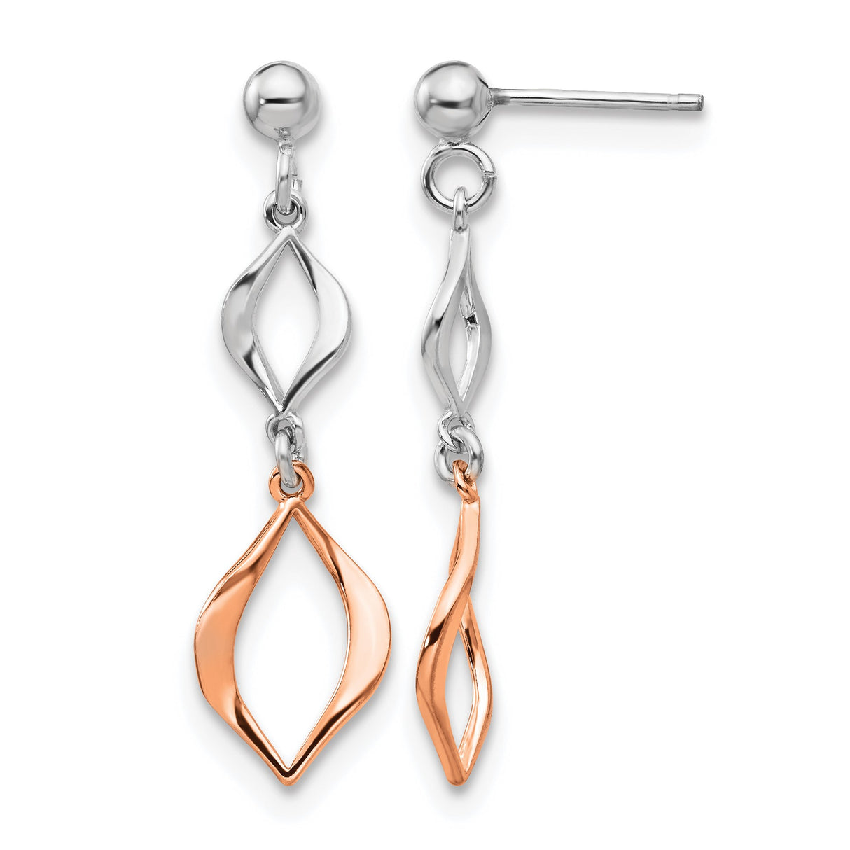 Sterling Silver Dangle Earrings, Rose Gold Accents, Open Marquise Twisted Design